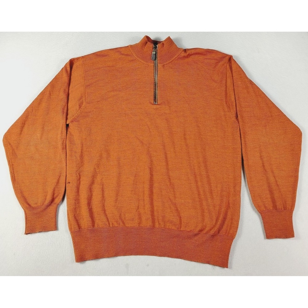 Orvis Sweater Mens Large Orange 1/4 Zip Mock Neck Merino Wool Knit Lightweight
